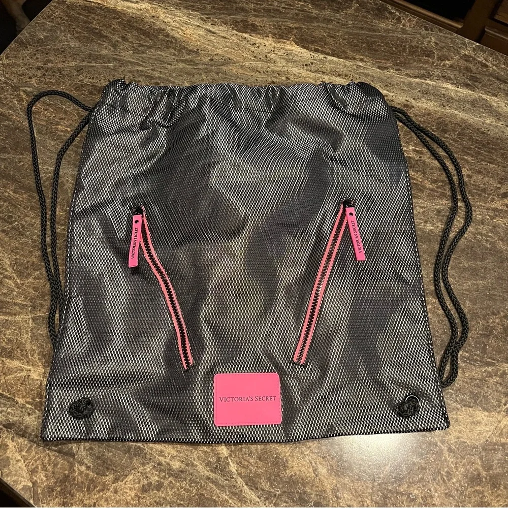 Victoria's Secret Black and Pink Drawstring Bag